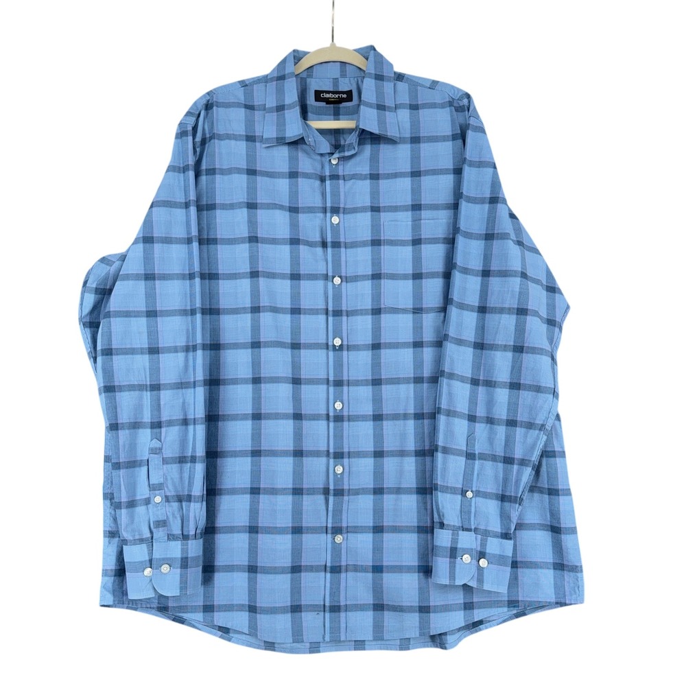 Claiborne Mens XLT Blue Plaid Long‎ Sleeve Button Down Stretch Cotton Shirt